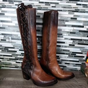 Freebird Wyatt 8M Cognac Brown Leather Knee-High Lace Up Granny Boots Rare New